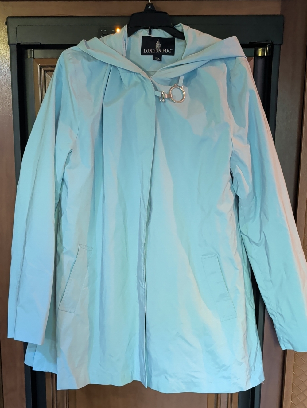London Fog Pale Blue Hooded Trench Coat with Ring Clasp